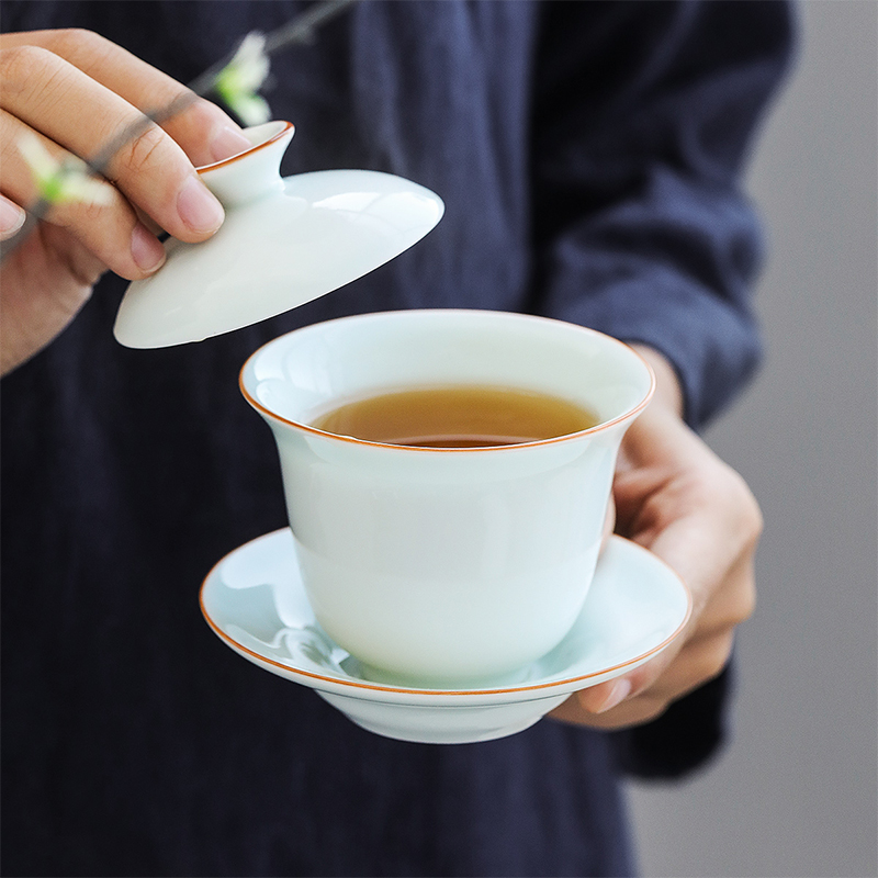 Celadon only three tureen dehua suet jade porcelain bowl cups kung fu tea set to make tea bowl bowl is a single thin