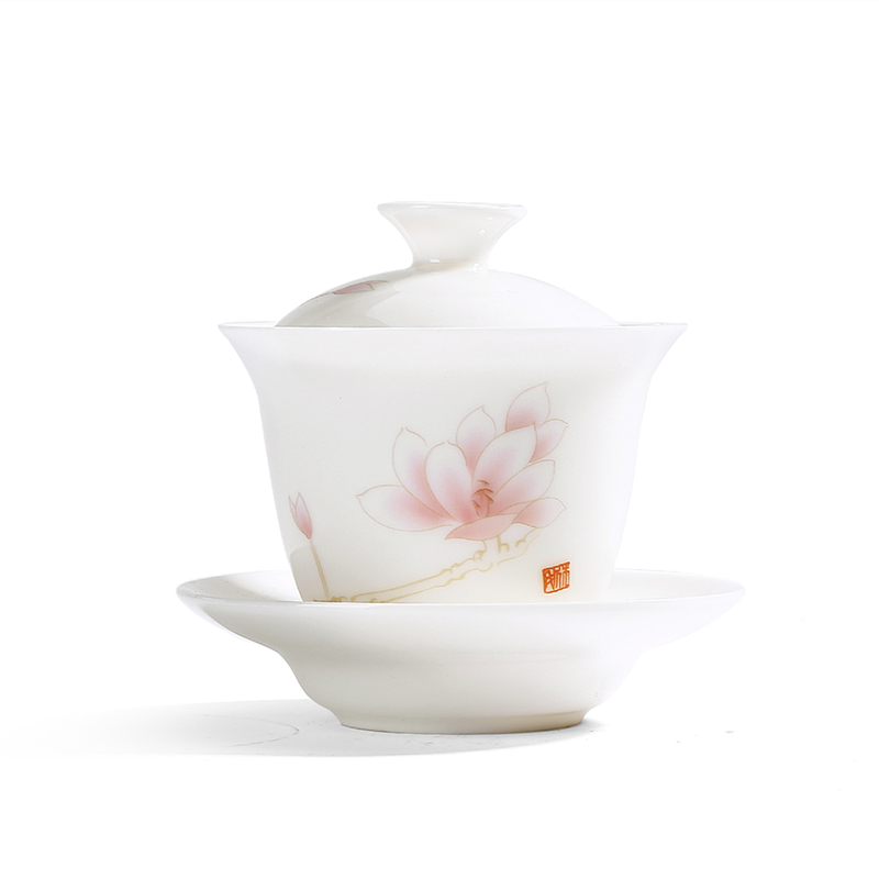 Dehua white porcelain tureen thin foetus kung fu tea cups domestic tea bowl worship tureen single blue three cups