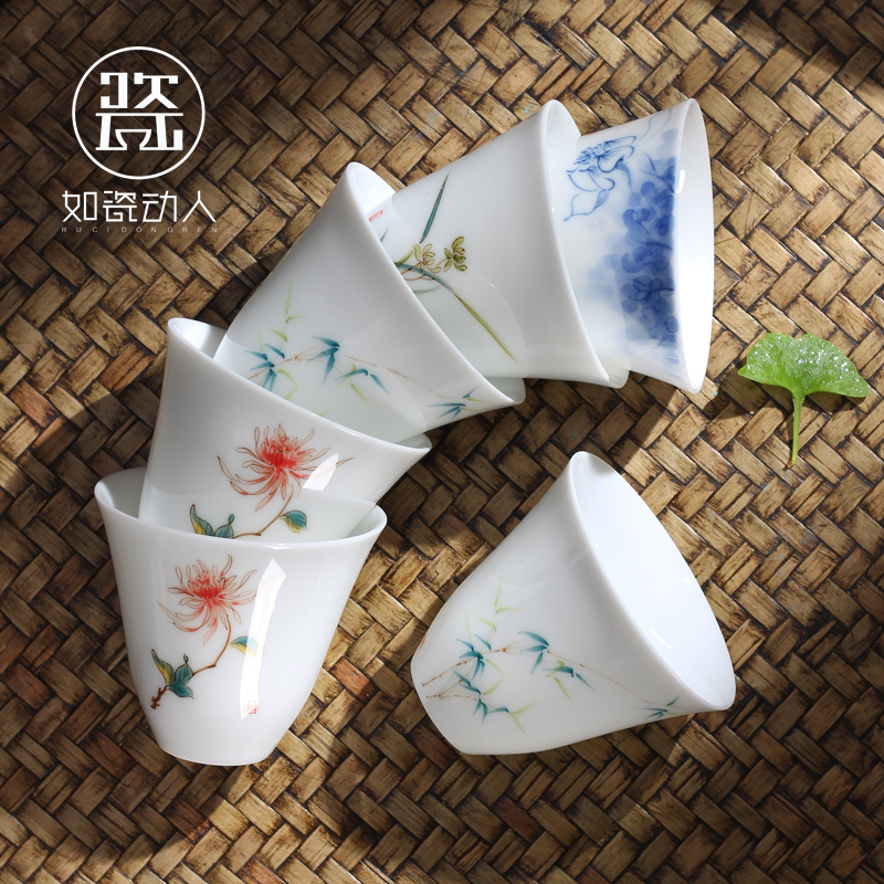 Hand - made teacup dehua white porcelain ceramic masters cup sample tea cup blue and white porcelain tea light household kung fu tea set