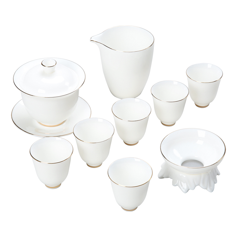 Suet jade porcelain kung fu tea set suit household custom cups of tea desk tray dehua white porcelain tureen teapot gift boxes