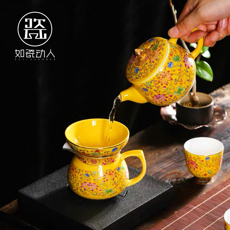 Colored enamel kung fu tea set domestic high - grade gift boxes restoring ancient ways ceramic teapot tea cups of tea set