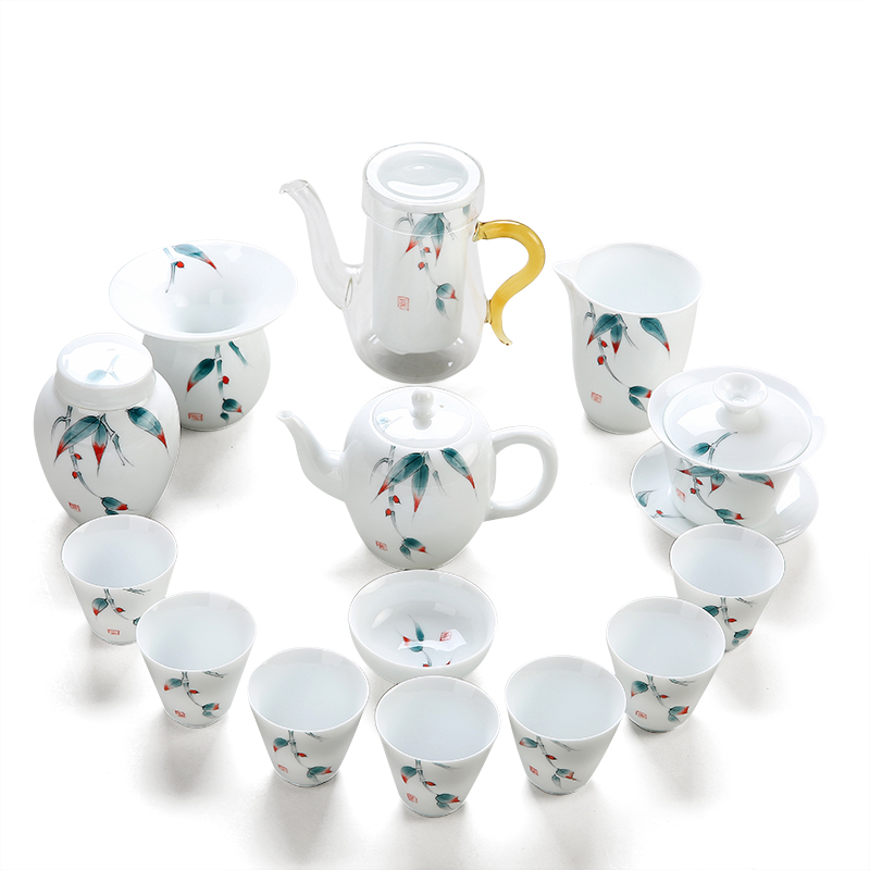 Dehua white porcelain kung fu tea set suit household hand - made tureen tea teapot tea cups of a complete set of suits for