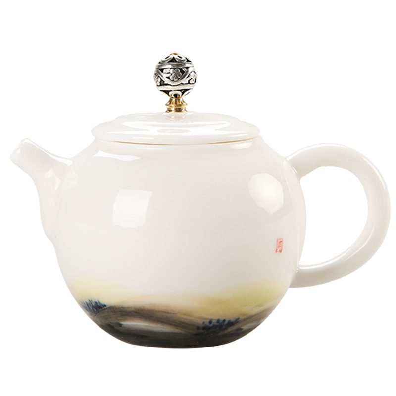 Hand - made checking ceramic teapot kung fu tea set household teapot a pot of two cups of dehua white porcelain tea pot