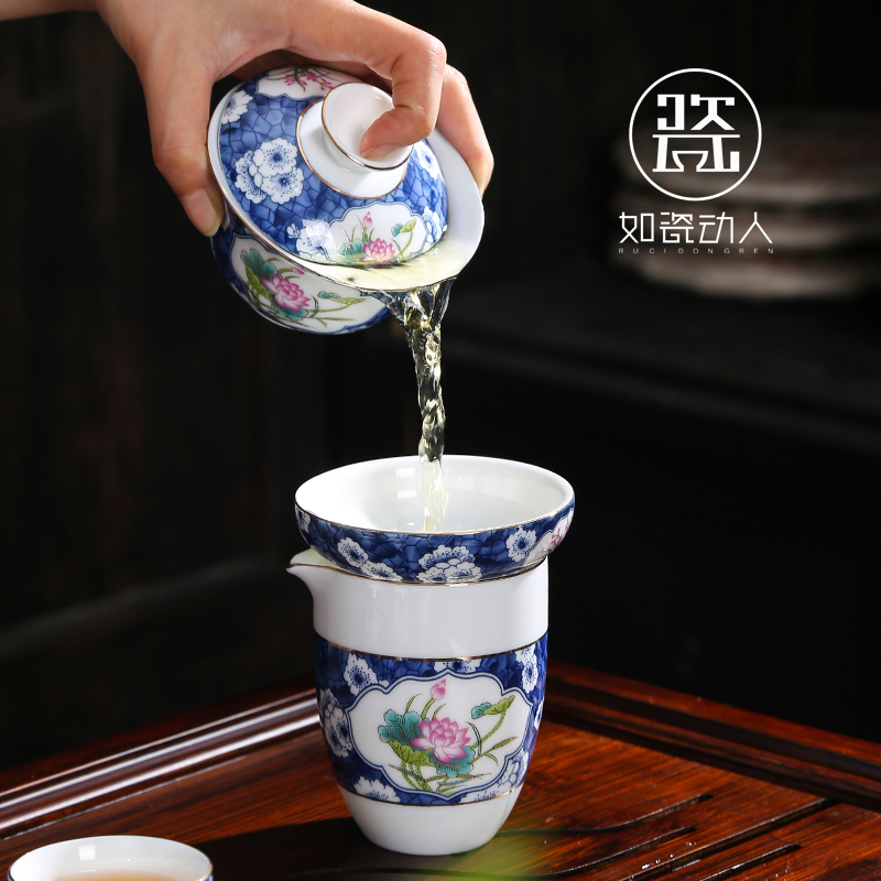 Tureen tea bowl large kung fu tea tea bowl of blue and white porcelain ceramic hand three Tureen worship only catch a pot of tea cups