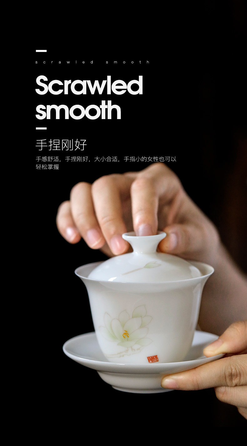 Dehua white porcelain tureen thin foetus kung fu tea cups domestic tea bowl worship tureen single blue three cups