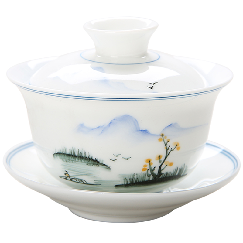 Hand - made tureen ceramic cups kung fu tea set home tea bowl tureen dehua white porcelain and three cups