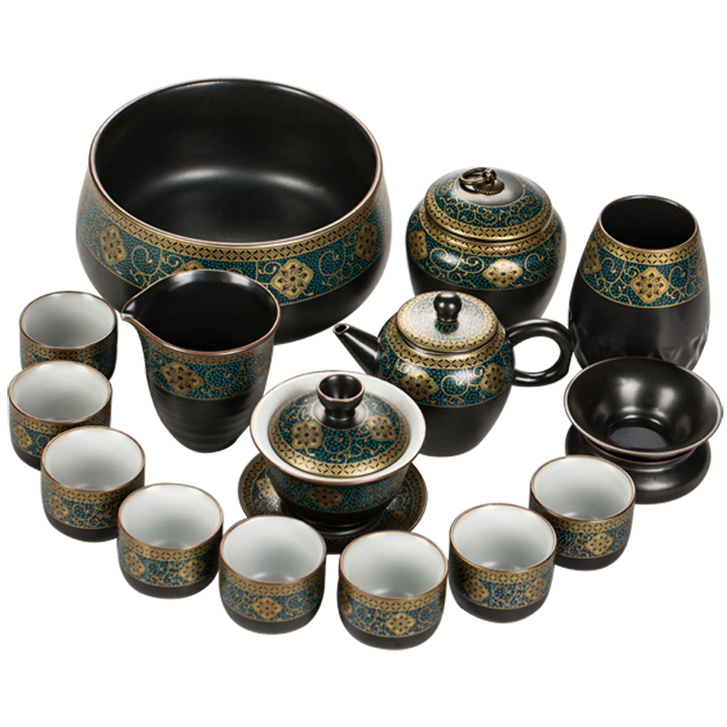 Kung fu tea set suit household paint ceramic teapot restoring ancient ways is a complete set of office tea tureen tea cups of black pottery