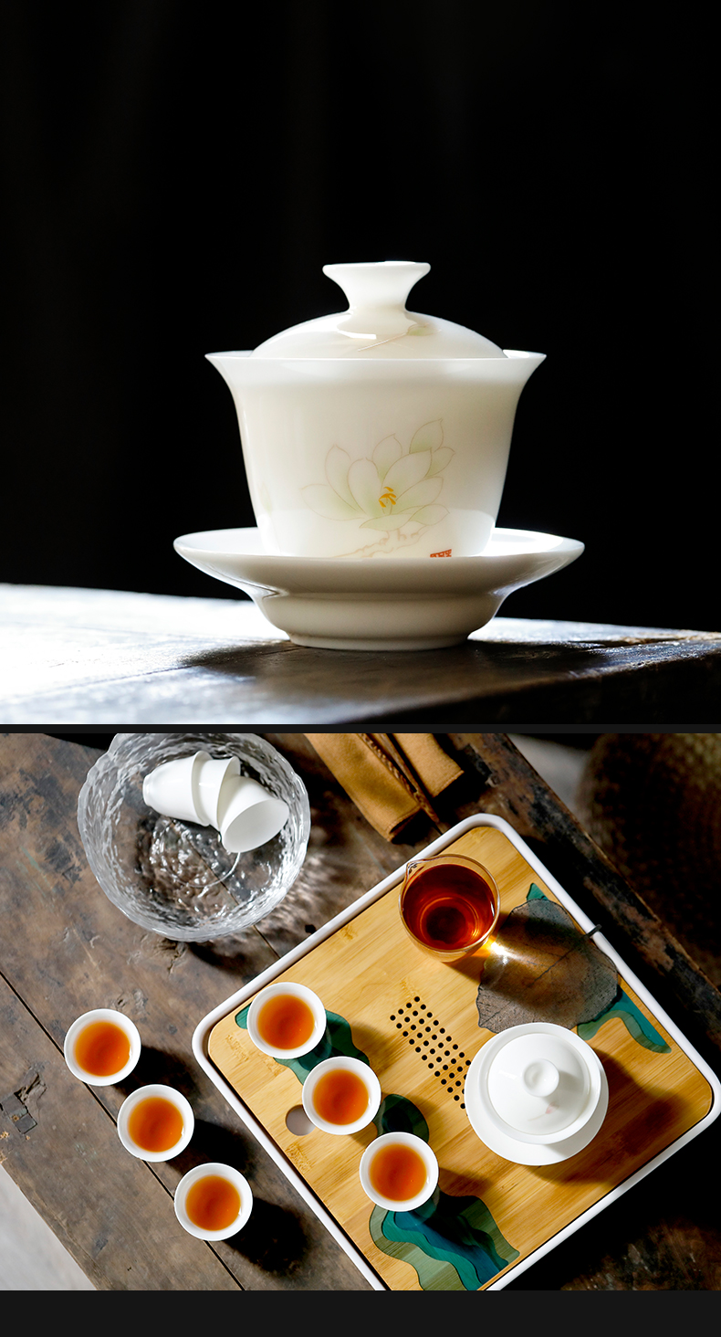 Dehua white porcelain tureen thin foetus kung fu tea cups domestic tea bowl worship tureen single blue three cups