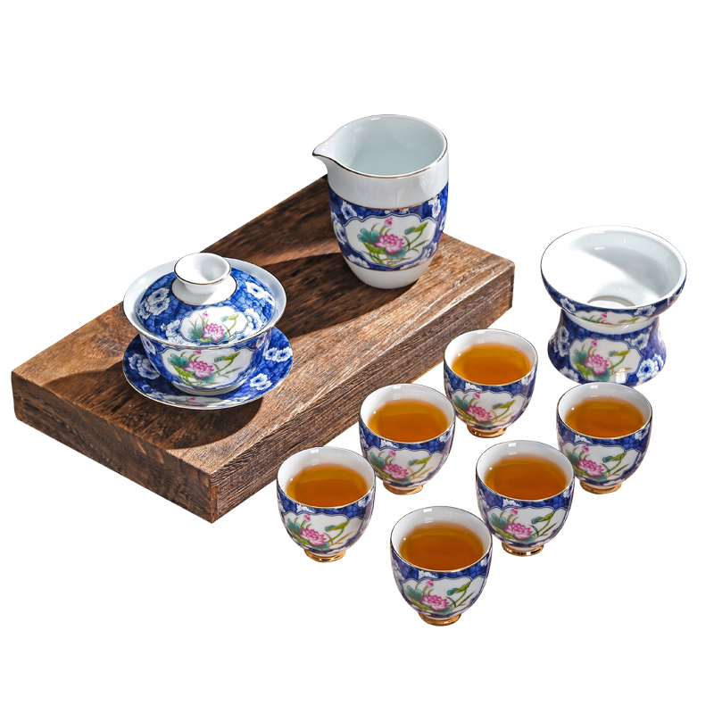 Colored enamel kung fu tea set office ceramic teapot teacup a complete set of blue and white suit household contracted tureen gift boxes