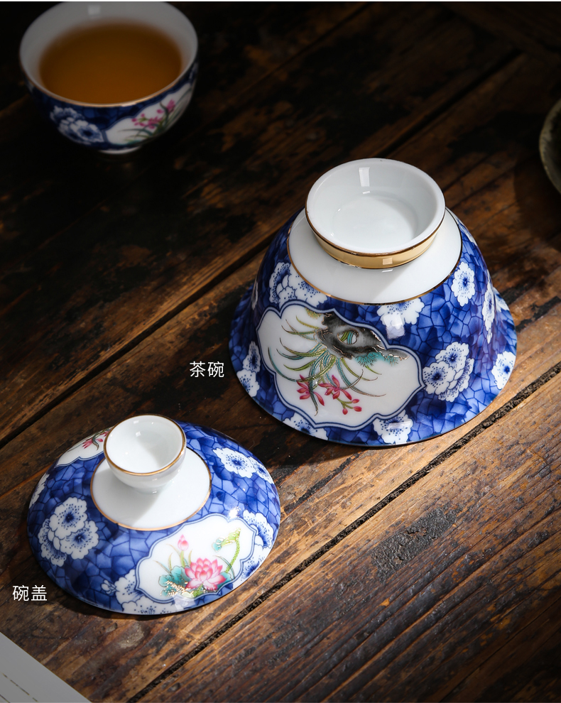 Tureen tea bowl large kung fu tea tea bowl of blue and white porcelain ceramic hand three Tureen worship only catch a pot of tea cups