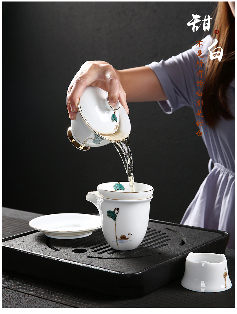 White porcelain kung fu tea set suit household contracted cup six dehua hand - made tureen tea cup set