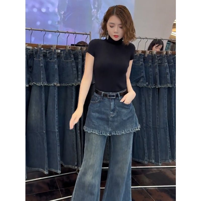 Stylish Blue Faux Two-Piece Patchwork Frayed Hem Jeans European Style 2025 Autumn New High-Waisted Casual Pants Trendy