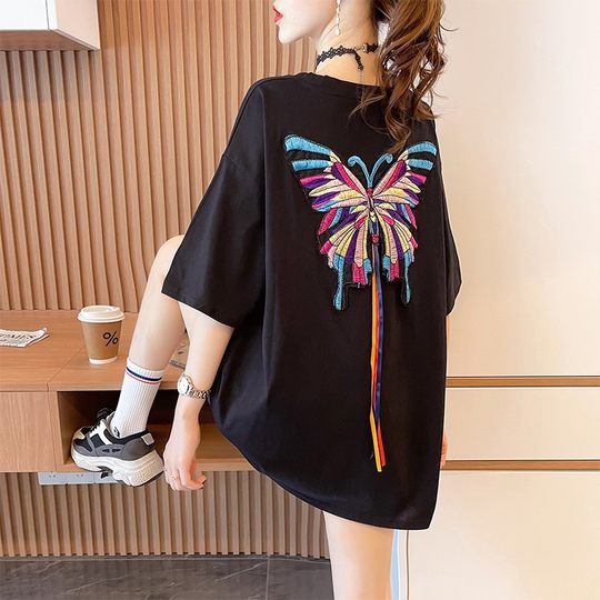 2022 new loose and thin short-sleeved butterfly embroidery T-shirt women's summer mid-length age-reducing Western-style top LBE01