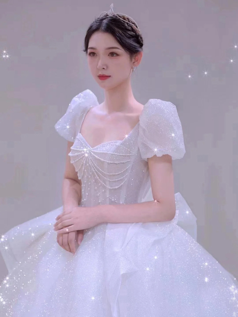 Straight Shoulder Main Wedding Dress 2021 New Temperament Bridal Style Light Retro Lavish Palace With Great Tug Trailing