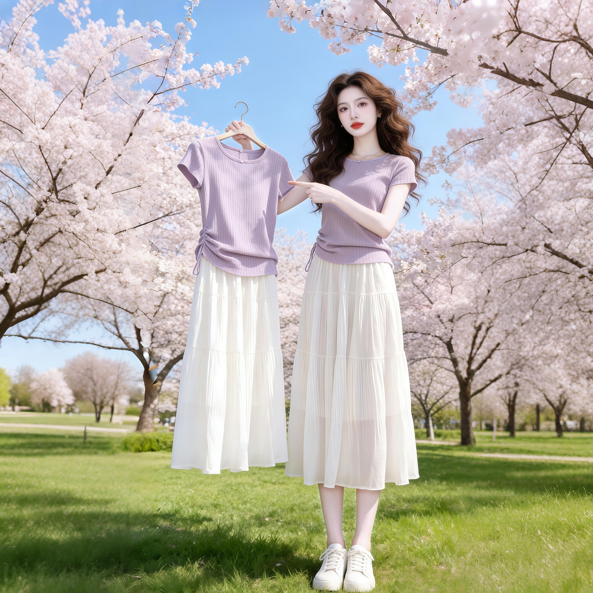 2026超火穿搭一整套夏季温柔风气质紫色抽绳设计短袖半身裙两件套