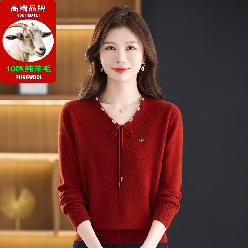100% Pure Wool Sweater for Women, New Autumn and Winter Style, Mother's Base Layer Fleece Sweater, V-Neck Knitted Warm Long-Sleeve High-End