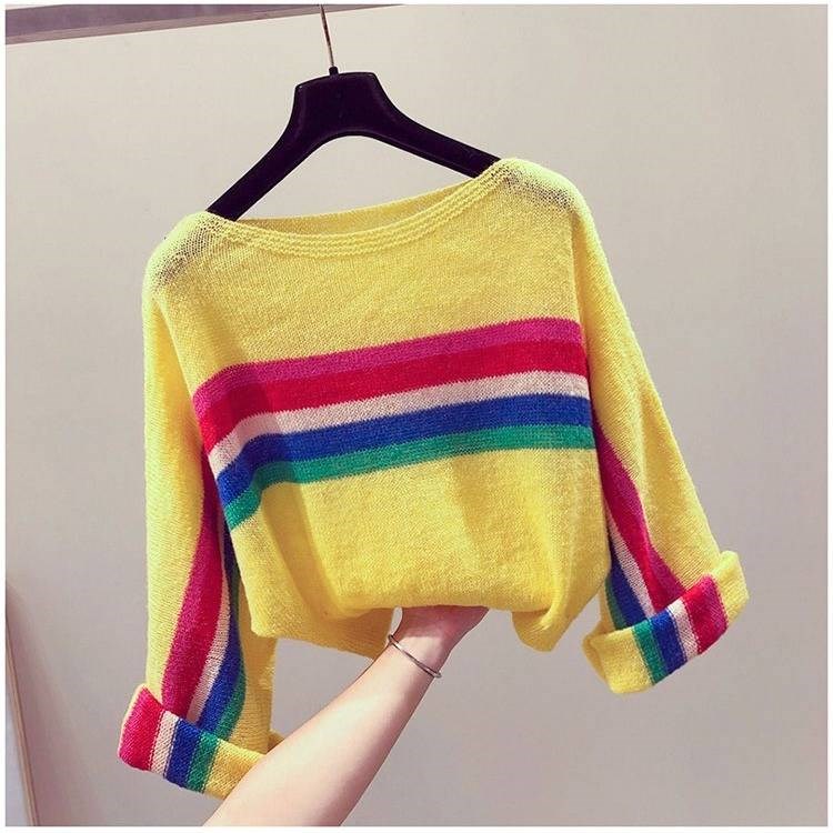 Màu sọc áo khoác mùa thu knitsweater mới loose-fitting áo len áo len lười biếng gió của phụ nữ dài tay đáy đầu mỏng