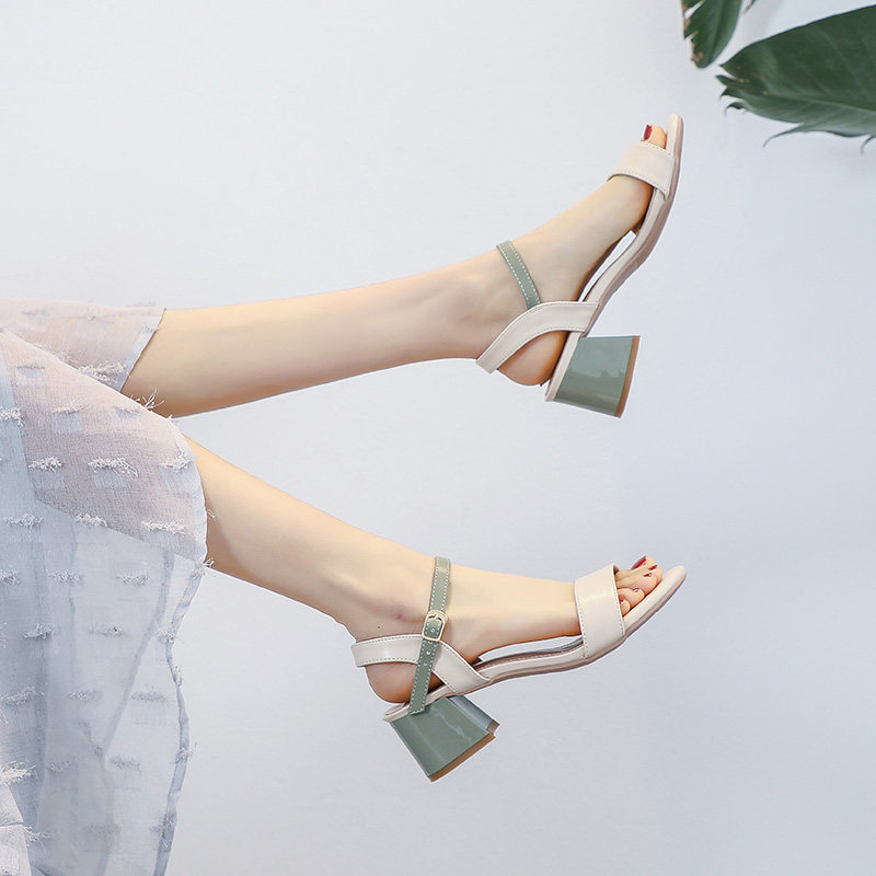 Sandals women's summer 2021 new Korean version all-match medium-heeled thick-heeled one-word buckle fairy style Roman high-heeled shoes women's shoes - Taobao