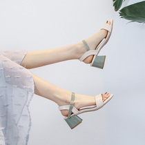 Sandals womens summer 2021 new Korean version all-match medium-heeled thick-heeled one-word buckle fairy style Roman high-heeled shoes womens shoes