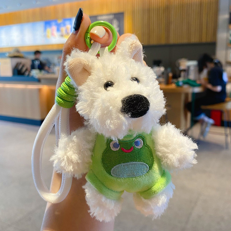 Green Button West Highland Car Keychain Plush Toy Cute Doodle Puppy Doll Personalized Backpack Pendant for Women