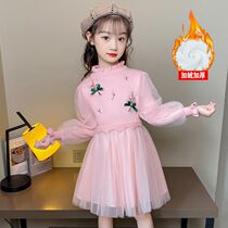 Girls thick knitted dress autumn and winter Western princess dress Princess children little girl plus velvet sweater skirt