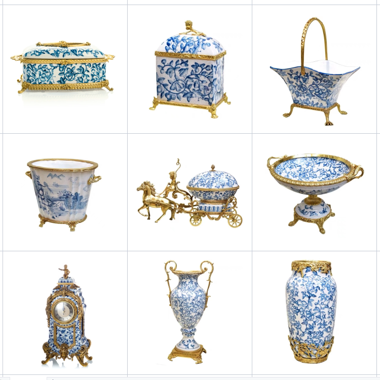 Neoclassical Copper-Clad Porcelain Vase and Fruit Plate Ornament Set, Chinese Hand-Painted Blue and White Porcelain, Luxurious Soft Furnishings