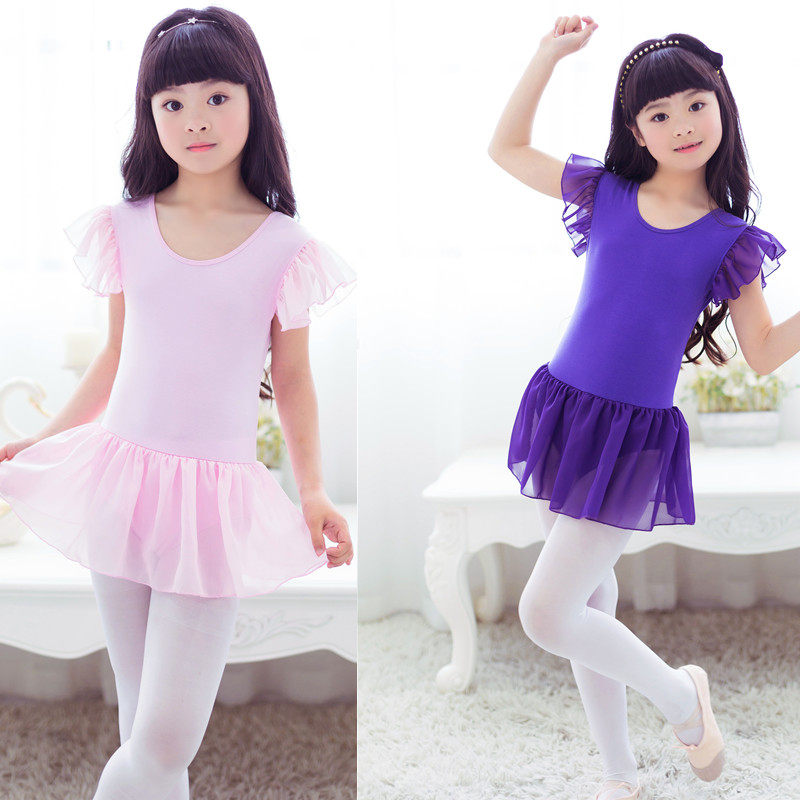 Spring new children's dance clothes girls practice clothes gymnastics skirt chiffon short-sleeved cotton princess ballet gauze skirt summer