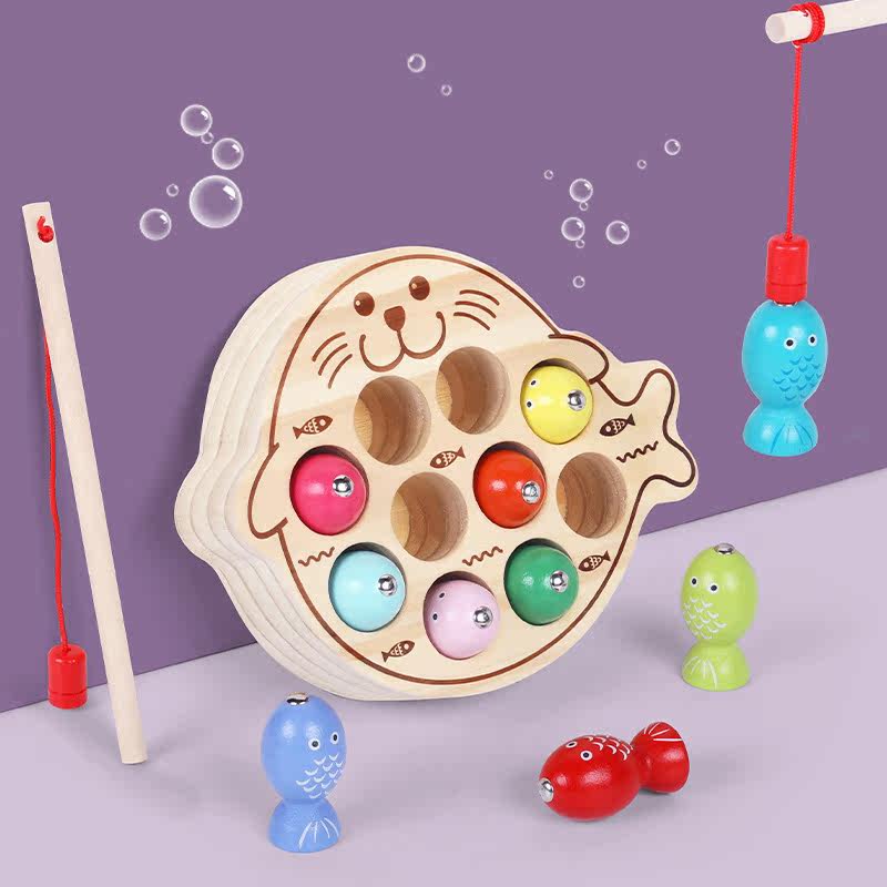 Children's wooden magnetic kitten fishing game play house wine magnetic early education baby toddler toys - Taobao