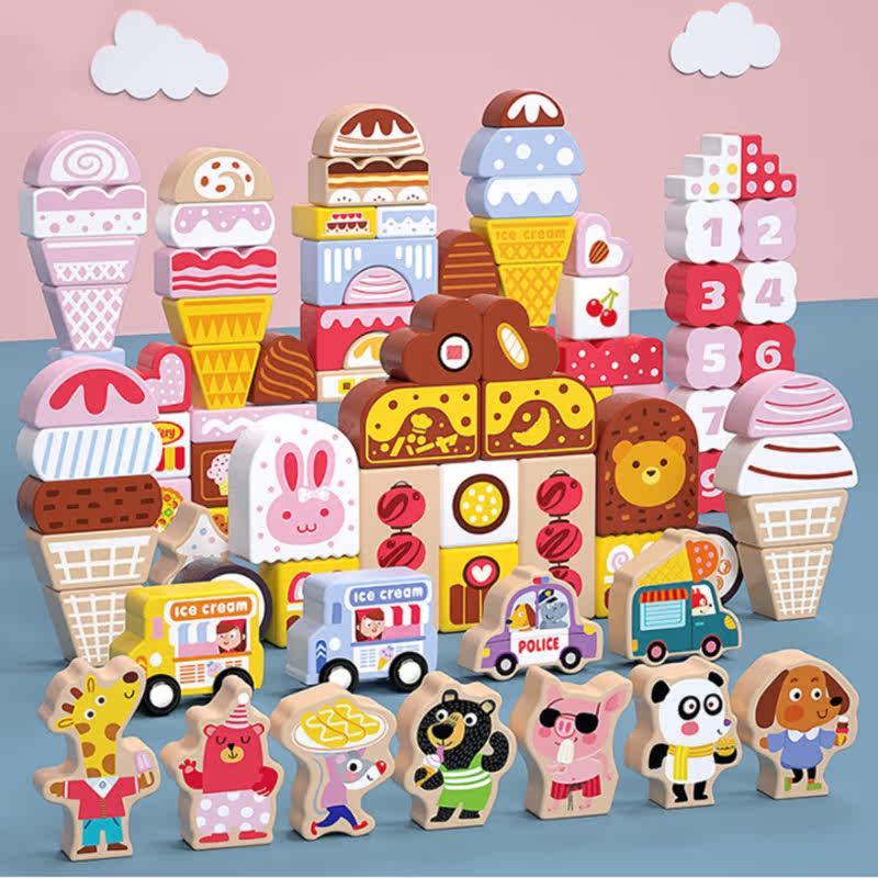 Children's wooden 116 ice cream world building blocks animal car early education puzzle dessert play house wine building toys