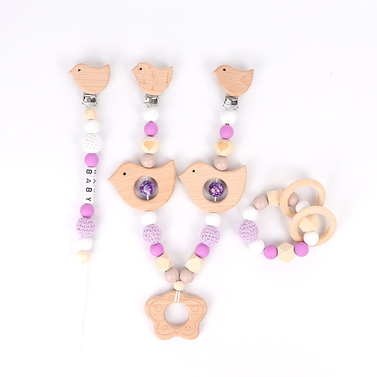 Manufacturer's new beech bird clip children's stroller chain baby pacifier chain teething bracelet three-piece set