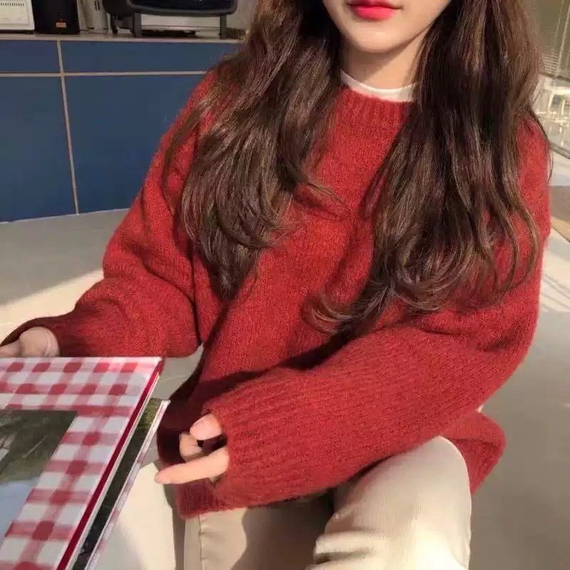 Lazy style 2021 autumn and winter new big red loose knitted sweater outside wearing big cherry mid-length red sweater women