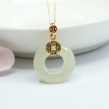 S925 silver inlaid with natural hetian jade pendant, ice clear horizontal security ring pendant jewelry, high-end clavicle chain necklace