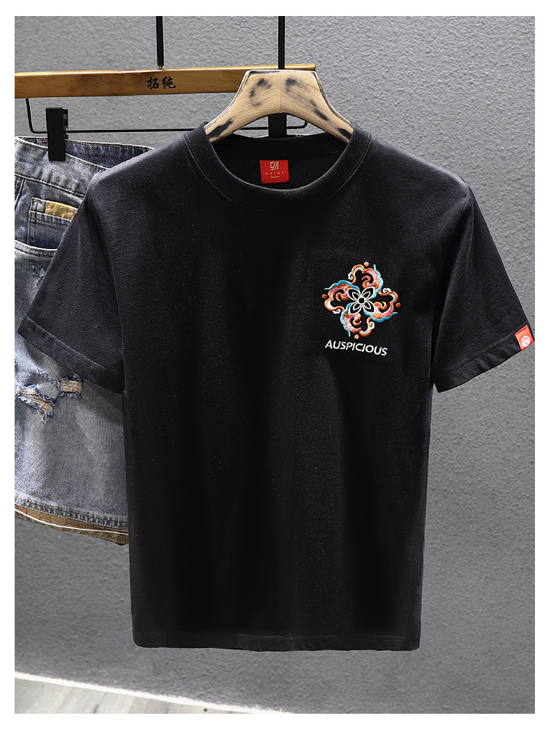 Chaopai Ethnic Style Rabbit Year Embroidered Short sleeved T-shirt for Men's 2023 Summer Pure Cotton Slightly Loose Half_voghion.com