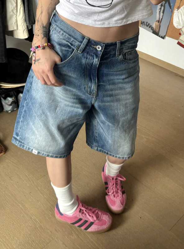 American Retro Blue Denim Shorts, Women's Summer Loose Casual Pants, Stylish Straight-Leg Low-Waist Mid-Length Pants