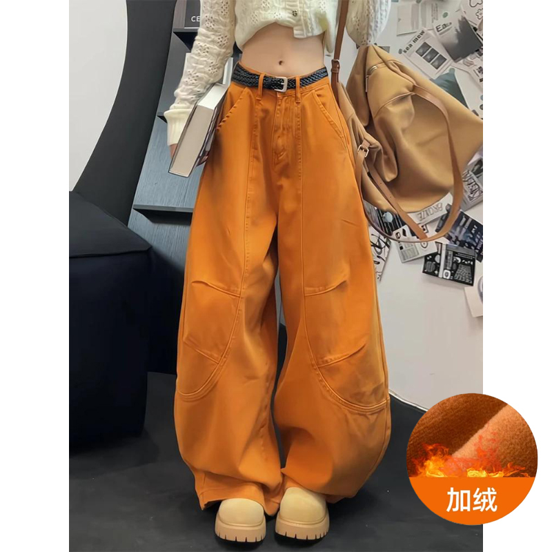 American Retro Orange Fleece-Lined Scimitar Jeans for Women 2026 Spring New Style Sickle Lazy Relaxed Loose Pants