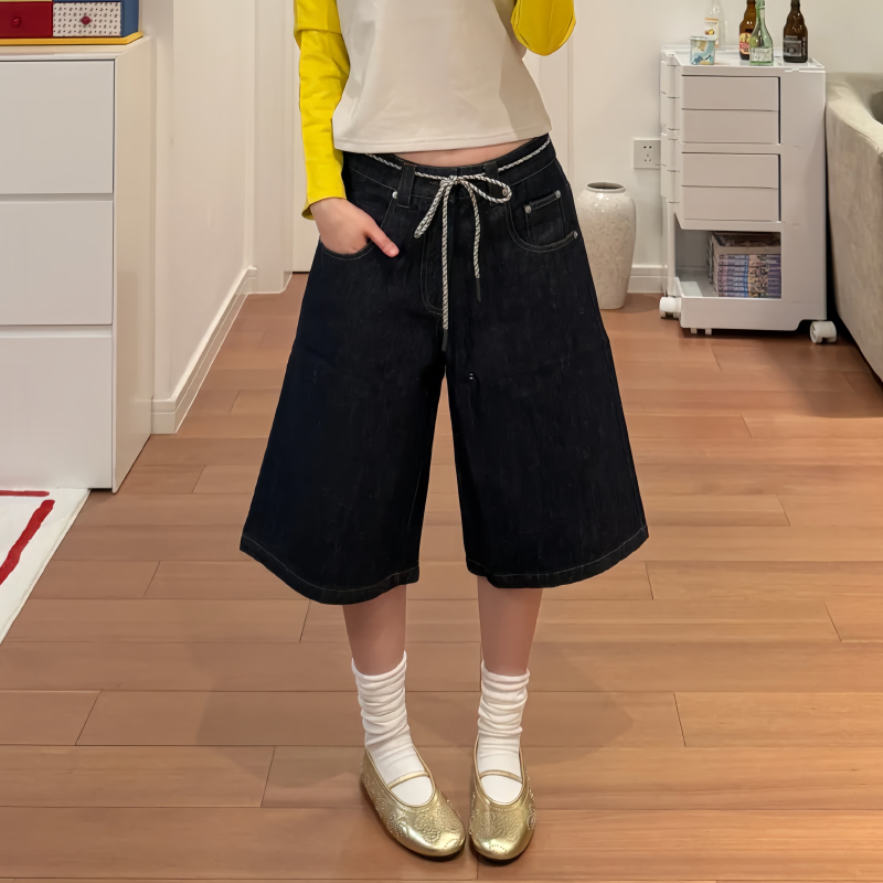 American Retro Black Denim Shorts for Women, Summer Loose Casual Low-Waist Straight Wide-Leg Cropped Shorts