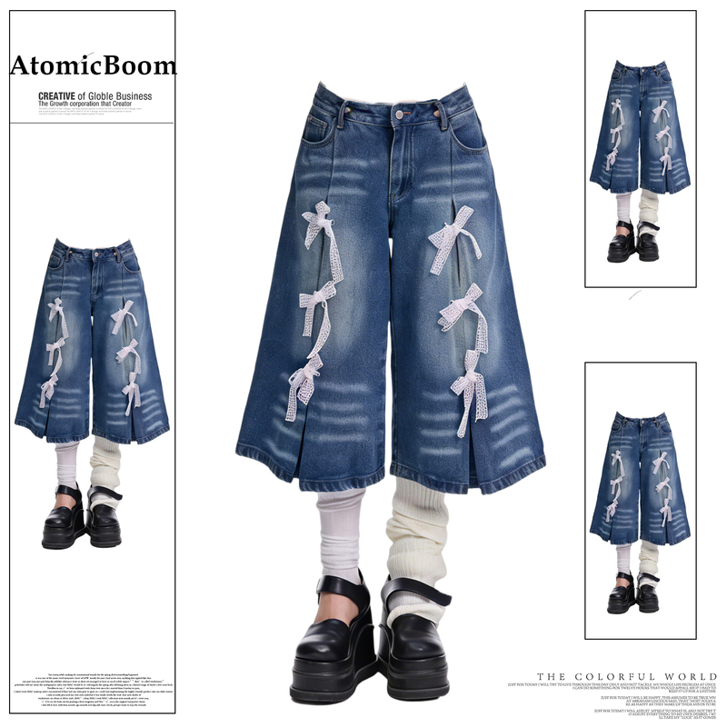 American Retro Lace Bow Denim Cropped Pants with a Unique Design for Spring and Summer, Women's Street Style Niche Relaxed Wide-Leg Pants