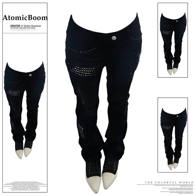 American Retro Rivet-Embellished Ripped Black Jeans for Women, New Summer Style, Spicy Subculture Slim-Fit Low-Waist Straight Pants