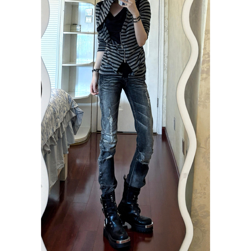American Retro Low-Waist Ripped Skinny Jeans for Women, Autumn and Winter, Y2K Style, Slim Straight Narrow Pants