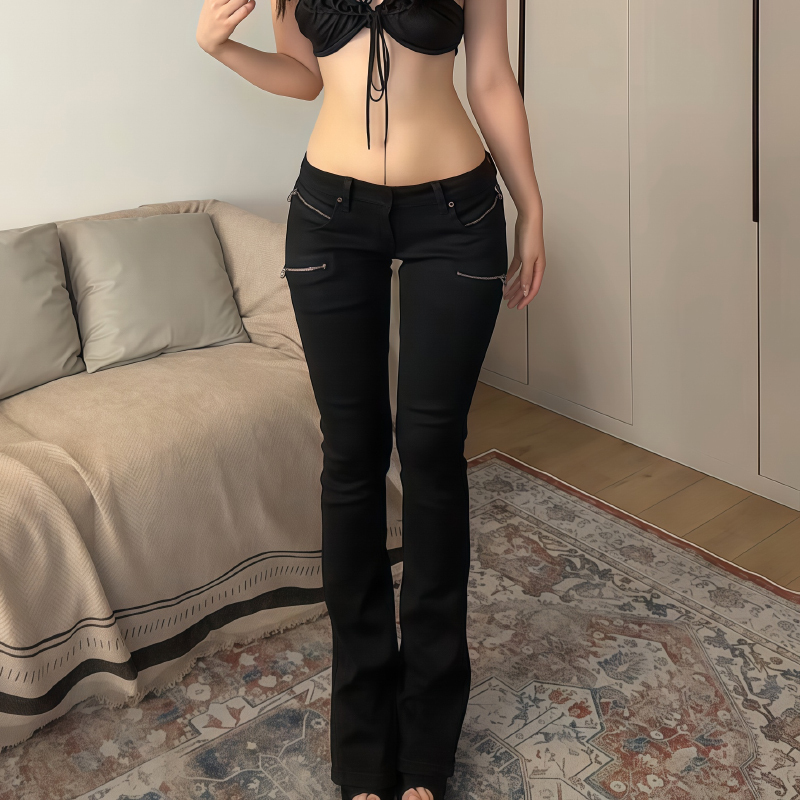 American Retro Zipper Design Black Low-Waist Pants for Women, Millennial Hot Girl Slim Straight-Leg Flared Floor-Length Jeans American Retro Zipper Design Black Low-Waist Pants for Women, Millennial Hot Girl Slim Straight-Leg Flared Floor-Length Jeans