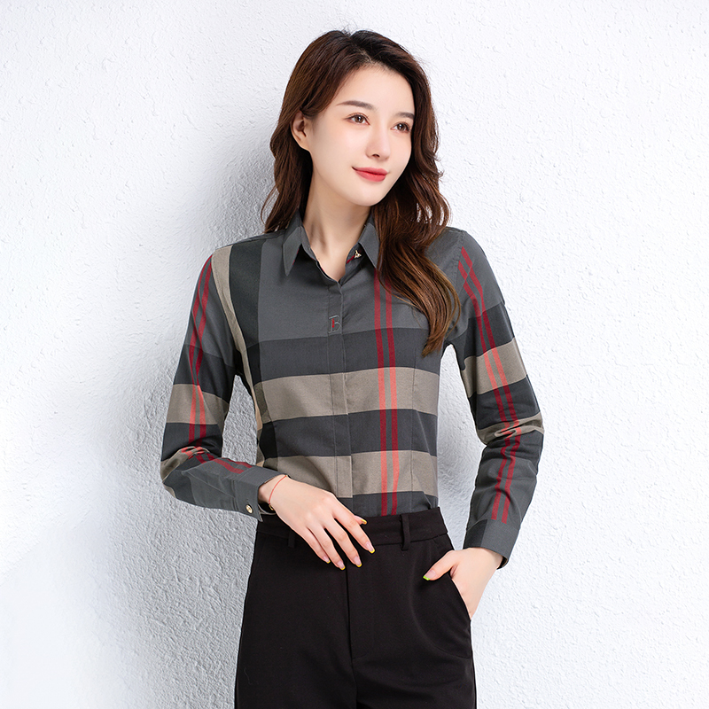 2026 Spring and Autumn New High-End Cotton Plaid Shirt for Women, Versatile Slim Fit British Style Long Sleeve Shirt for Outerwear