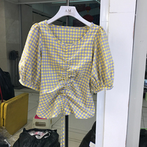 501 Korean loose all-match fashion plaid color drawstring pleated bubble sleeve shirt womens 2020 summer cotton top T