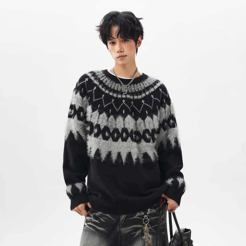 Color-Blocked Fair Isle Jacquard Crew Neck Sweater for Men, Autumn and Winter, American Style, Heavyweight Trendy Brand, Loose Fit, Couple's Mohair Knitwear