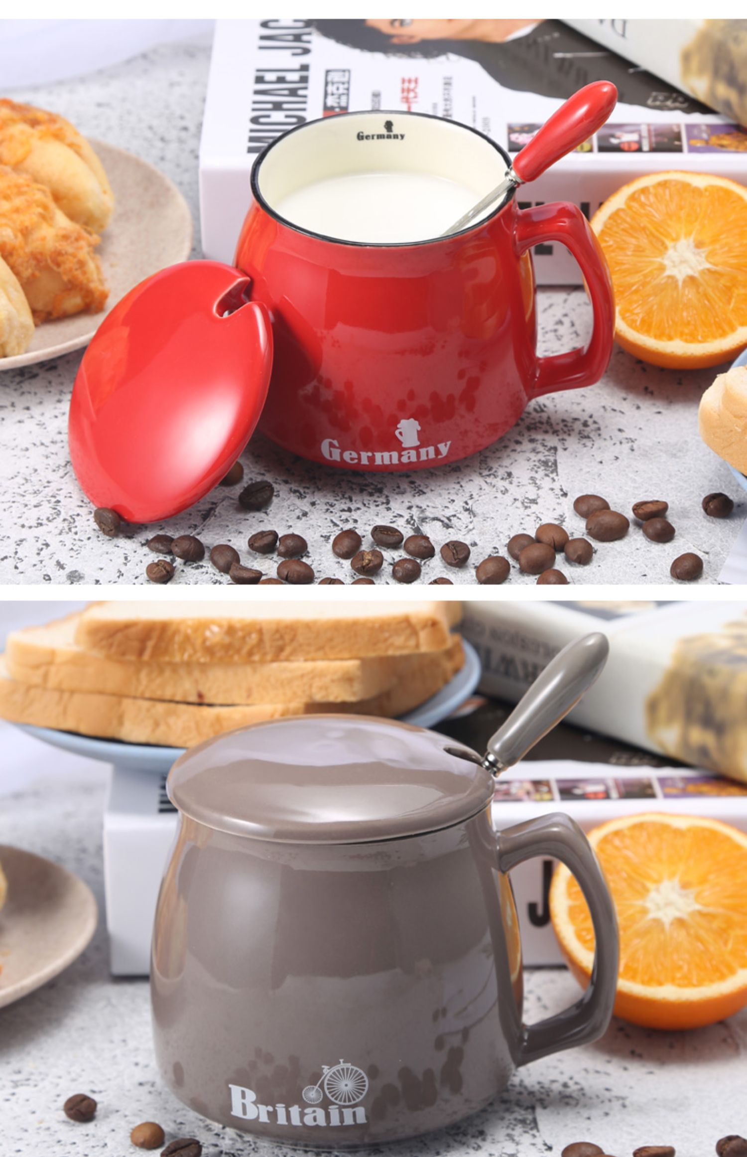 Cốc sữa cốc sáng tạo logo tùy chỉnh bữa ăn sáng gốm với nắp muỗng cà phê lớn cốc đôi đơn giản - Tách bình tập uống nước cho bé