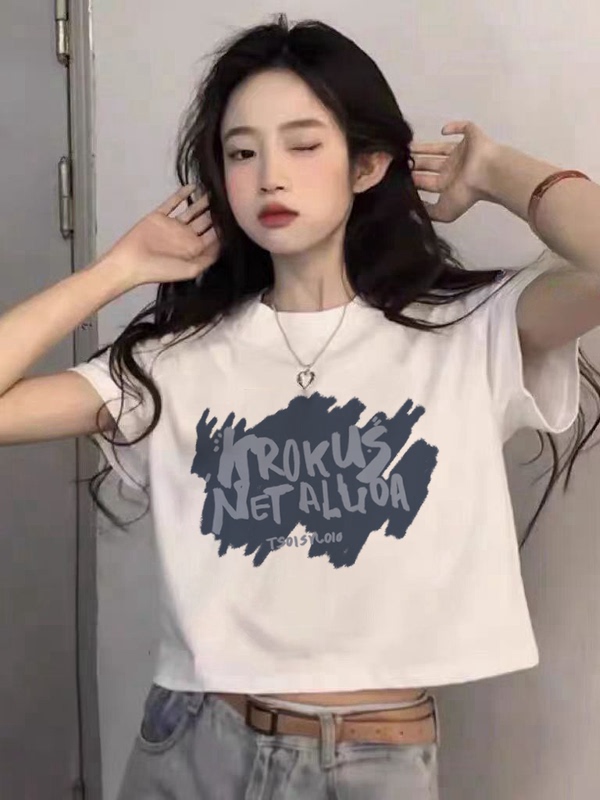 Y2K White Short-Sleeved T-Shirt Women's Short 2025 Summer New Style Navel-Baring Niche Design Hot Top Trendy
