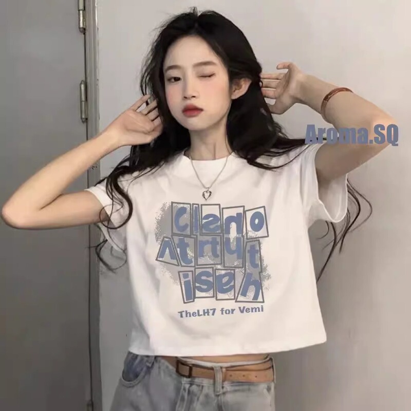 White Short-Sleeve T-Shirt for Women, Pure Cotton, 2026 Summer New Design, Niche High-Waisted Cropped Top with Exposed Navel, Sweet and Spicy Style
