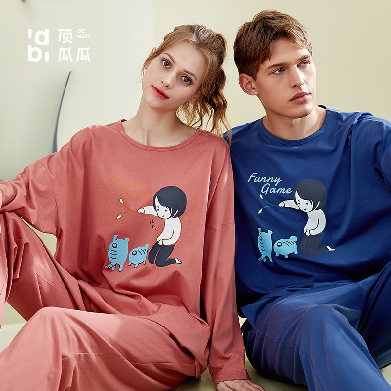Top melon melon cotton couple pajamas women spring and autumn long sleeves men's loungewear plus size suit can be worn outside cotton home clothes