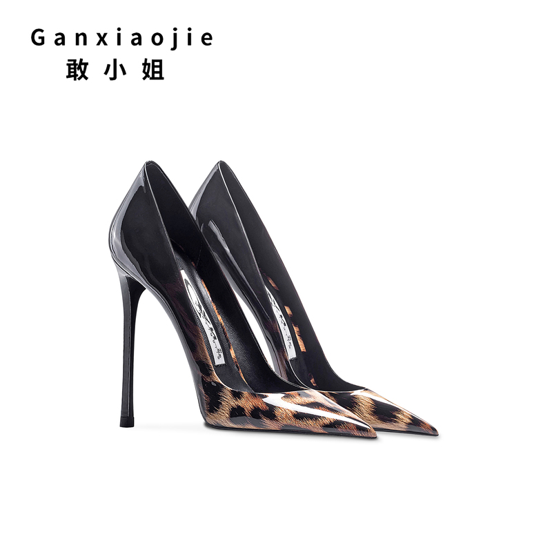 Trendy European and American Leopard Print Patent Leather High Heels, Fashionable Shallow Pointed Toe Sexy Single Shoes, Ultra-High Heel Height-Increasing Women's Shoes