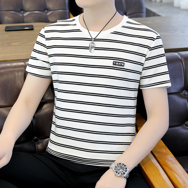 Summer Striped Crew Neck Men's Short-Sleeve T-Shirt, Trendy, Stylish, Slim-Fit, Korean Style Summer Top