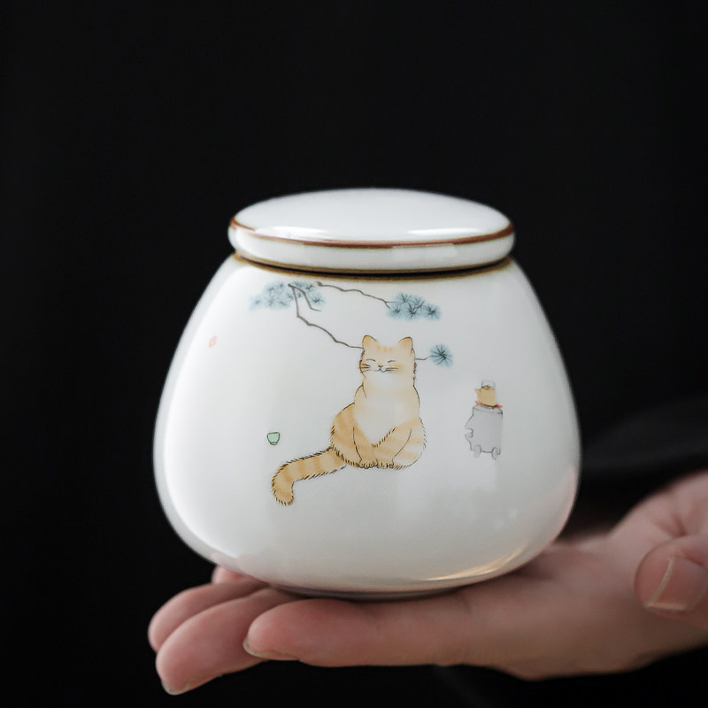 Ceramic tea cans small number portable travel tea cans Yuku fun fun cat household sealing tank sealing tank